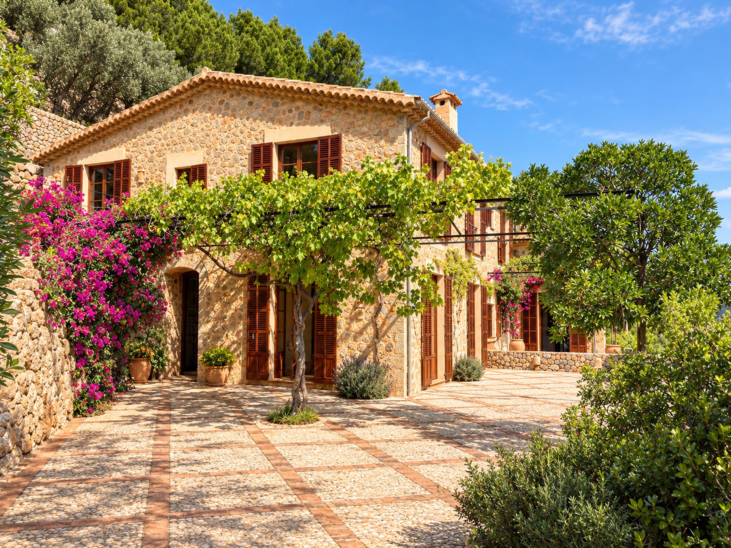 Mallorcan stone finca with a vine pergola, bougainvillea and a cobbled courtyard