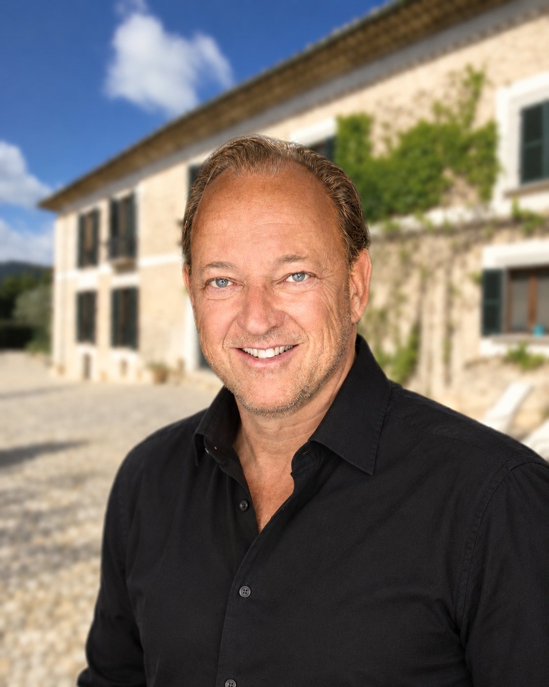 Rolf Herbert Zscharnack in front of a Mallorcan stone country house
